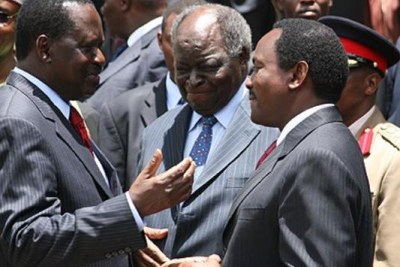 President Mwai Kibaki (centre), Prime Minister Raila Odinga (second from left) and Vice President Kalonzo Musyoka.