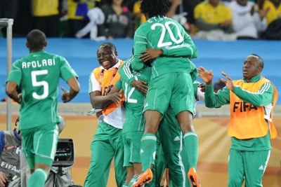 The Super Eagles celebrate a goal at the 2010 World Cup.