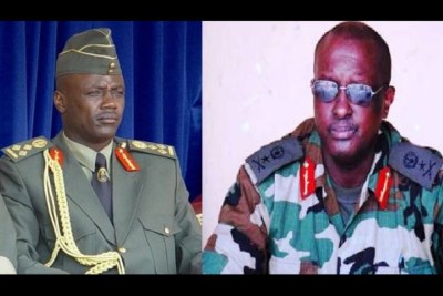Two of the four officers arrested: Fred Ibingira (Chief of Staff, Reserve Forces) and Rutatina (Military Intelligence chief).