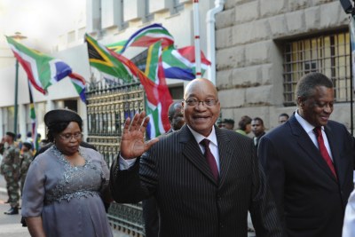 First Lady Makhumalo; President Jacob Zuma and Parliament Speaker Max Sisulu arrive at Parliament to attend the 2012 State Of the Nation Address in Cape Town.