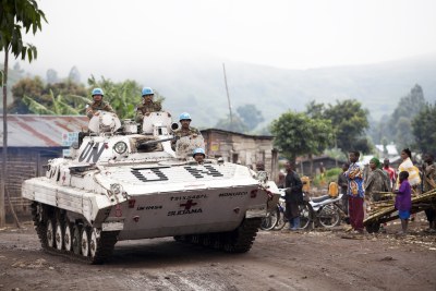 Peacekeepers in armoured vehicles from the United Nation's mission in the Democratic Republic of the Congo (DRC).