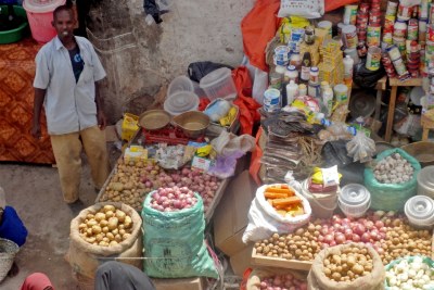 Vegetable seller in Bakara market, Mogadishu.