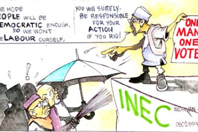 A Nigerian cartoonist portrays the role of the electoral commission.