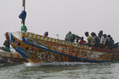Transfert de poissons entre deux pirogues de pêcheurs rencontrées sur la route de la brèche à Saint-Louis du Sénégal