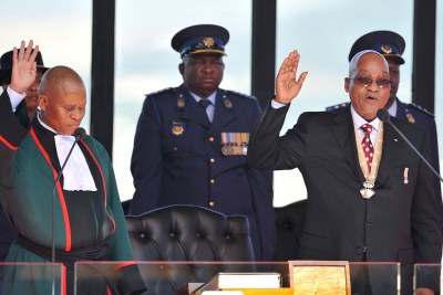 Jacob Zuma is sworn in by Chief Justice Mogoeng Mogoeng for a second term as president of South Africa at the Union Buildings in Pretoria.