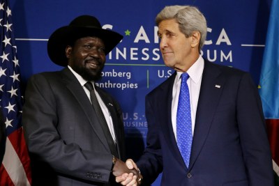 South Sudanese President Salve Kiir meets U.S. Secretary of State John during the U.S.-Africa Business Forum in Washington, D.C.