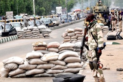 Soldiers on duty in Maiduguri, the Borno State capital.
