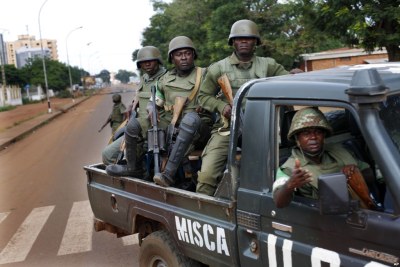 African Union MISCA troops from Cameroon patrol in Bangui, Central African Republic.