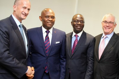 John Rice, Vice-Chairman, GE Global. Tony Elumelu, Chairman, Heirs Holdings, Lazarus Angbazo, President and CEO, GE Nigeria and Jay Ireland, President and CEO, GE Africa at a partnership signing ceremony in Lagos