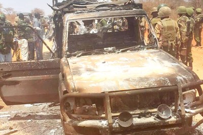 The shell of one of Governor Ali Roba's vehicles that was burnt by suspected al-Shabaab in Mandera.