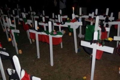 White crosses representing 147 students killed during a terror attack at the Garissa University College at a vigil in Uhuru Park.