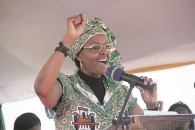 The First Lady Amai Grace Mugabe addresses Zanu-PF supporters at the ground-breaking ceremony of a housing project in Kadoma.