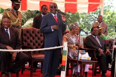 President Mugabe addresses Zanu-PF supporters ahead of a Politburo meeting at the party’s headquarters in Harare.