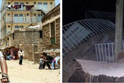 The collapsed building in Zimmerman, Nairobi. The residential house near Deliverance Church came down at around 2am on Wednesday, injuring no one.