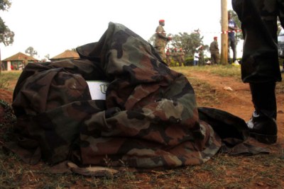 The army jacket of the killer soldier lies at the crime scene at Makindye barracks.