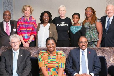 FLON flanked by H.E Morgens Lykketoft, President of the UN General Assembly, and Mr Michel Sidibé Executive Director of UNAIDS and members of the panel which spoke at the event on 