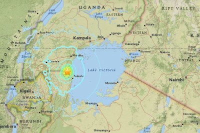 The epicentre of the 1227 GMT quake was about 25 kilometres (15 miles) east of the north western town of Nsunga on the border of Lake Victoria/USGS.