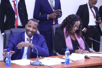 Ahmed Issack Hassan (left), the chairman of the Independent Electoral and Boundaries Commission and its vice-chairperson Lilian Mahiri-Zaja (next to him) before Senate's Public Accounts and Investments Committee at Parliament Buildings.