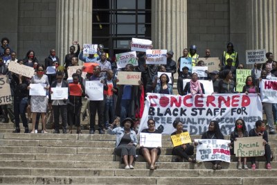 Wits academic and administrative staff protest outside the Great Hall.