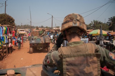 Soldiers patrol in Central African Republic, where sexual violence has been widespread.
