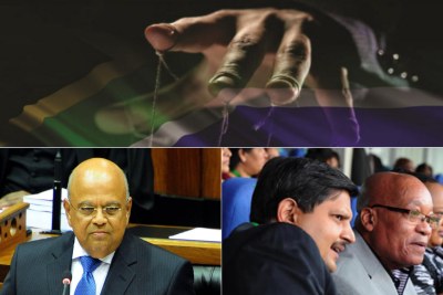 Top: Title image from ex-Public Protector Thuli Madonsela's State Capture report which probed links between the Gupta business family and government officials. Bottom-left: Finance Minister Pravin Gordhan. Bottom-Right: Atul Gupta and President Jacob Zuma.