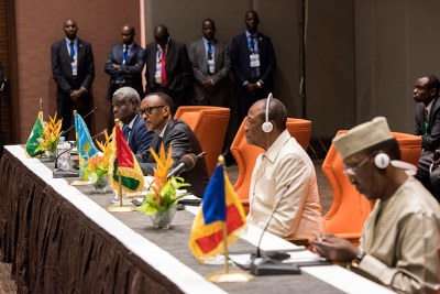 Presidents Kagame, Alpha Conde of Guinea (second-right) and Idriss Deby of Chad (right), and African Union Commission chairperson Moussa Faki Mahamat in Conakry, Guinea, yesterday, during their meeting on the implementation of the AU reforms. The leaders jointly called for urgency in the implementation of the African Union reforms adopted in January this year in readiness for the rapid changes in the global context.