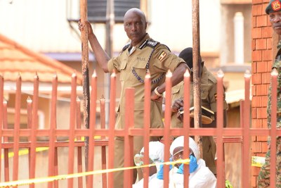 Inspector General of the Police, General Kale Kayihura at the scene where former police spokesperson Andrew Felix Kaweesi was murdered.