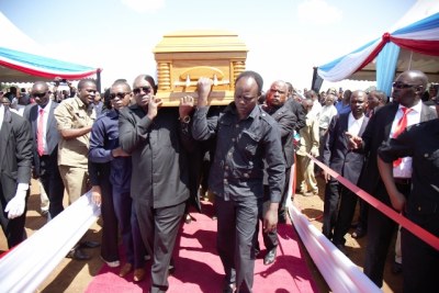 Chadema Members of Parliament carry the coffin bearing the body of the late Philemon Ndesamburo at Majengo grounds where relatives, friends and members of the public paid last respects in Moshi.