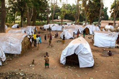 Un camp de personnes déplacées à Grimali, en République centrafricaine, où de nombreuses personnes se sont réfugiées après avoir fui les violences sévissant dans la région de Bakala, province d’Ouaka. Photo prise le 24 janvier 2017.