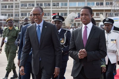 President Kagame is seen off from Kenneth Kaunda airport by Zambian President Edgar Lungu.
