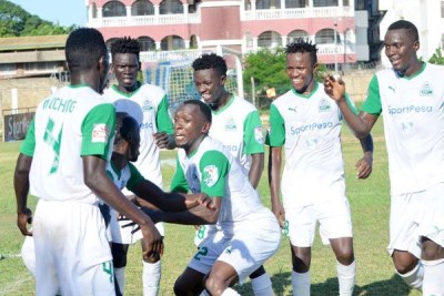 Gor Mahia players celebrate their second goal during their SportPesa Premier League against Bandari at the KPA Mbaraki Sports Grounds in Mombasa (file photo).