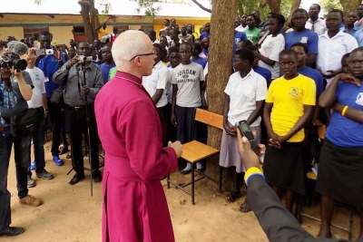 The Archbishop of Canterbury, Justin Welby speaks to students of Itula Secondary School in Moyo District. Some of the students at the school are South Sudan refugees.