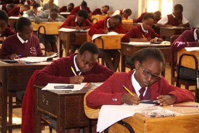 Students at Moi Girls High School tackle their mathematics exam during the Kenya Certificate of Secondary Education(file photo).