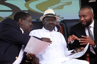 Nasa co-principal Musalia Mudavadi (left), Nasa leader Raila Odinga (center), and Mombasa Governor Hassan Joho.