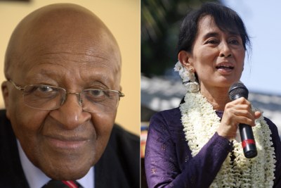 Left: Archbishop Emeritus Desmond Tutu. Right: De facto leader of Myanmar Aung San Suu Kyi.