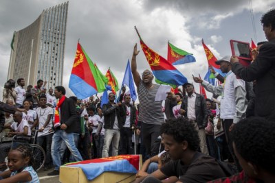 Eritrean refugees protesting in Ethiopia.