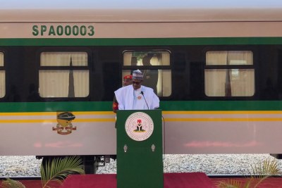 President Buhari commissions new locomotives and coaches for the Abuja-Kaduna Rail Service.