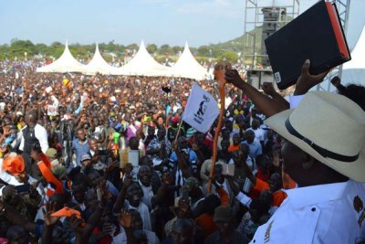 Nasa leader Raila Odinga addresses his supporters at the Homa Bay stadium in Homa Bay County on January 27, 2018.