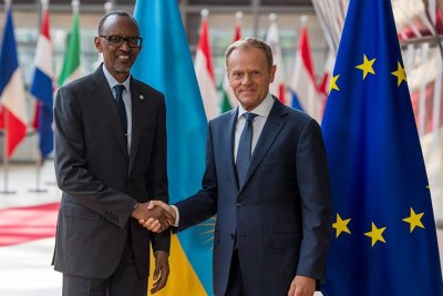 President Kagame meets with President of the European Council Donald Tusk on the sidelines of European Development Days summit.