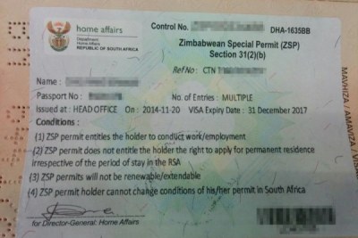 A Zimbabwean Special Dispensation Permit. This document was eventually replaced by the Zimbabwean Exemption Permit (file photo).