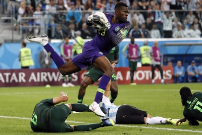 Francis Uzoho in action as Nigeria's goalkeeper in the Super Eagles' match against Argentina at the 2018 FIFA World Cup.