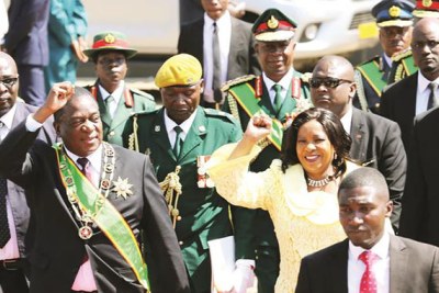President Emmerson Mnangagwa and First Lady Auxillia Mnangagwa greet supporters on arrival at the National Heroes Acre.