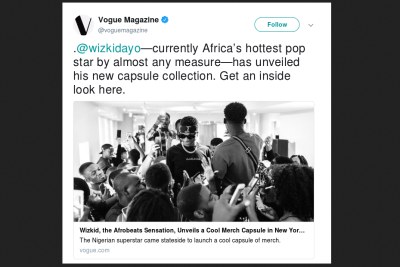 “Wizkid, currently Africa’s pop star by almost any measure, unveiled his new capsule collection with a takeover of reign in Manhattan’s Meatpacking District,” Vogue magazine.