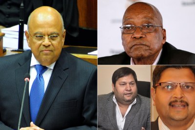 Left: Former finance minister Pravin Gordhan. Top-right: Former president Jacob Zuma. Bottom-right: Ajay Gupta (left) and Atul Gupta (right).