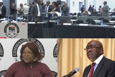 Top: Zondo Commission of Inquiry readies proceedings. Bottom-left: Former ANC MP Vytjie Mentor. Bottom-right: Former finance minister Nhlanhla Nene.
