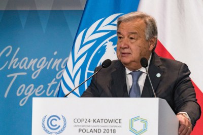 Le Secrétaire général des Nations Unies, António Guterres, s'adressant à la session de haut niveau de la Conférence de Katowice sur les changements climatiques, COP24, le 3 décembre 2018.