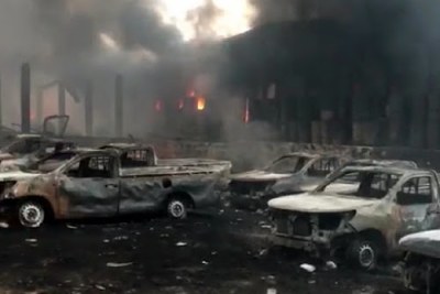 Vehicles in a warehouse of the Independent National Electoral Commission in Kinshasa were destroyed by a fire on December 13, 2018.