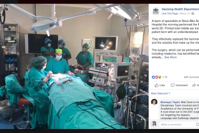 A team of specialists at Steve Biko Academic Hospital this morning performed the first in the world 3D- Printed total middle ear transplant on a patient born with an underdeveloped middle ear.