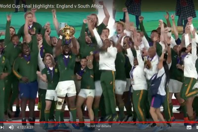 Springbok rugby captain Siya Kolisi holds up the rugby World Cup trophy after his team won the 2019 tournament.