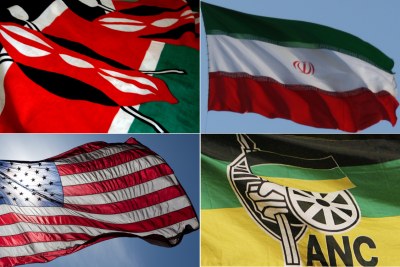 Top-left: Kenyan flag. Top-right: Iranian flag. Bottom-left: U.S. flag. Bottom-right: ANC flag.